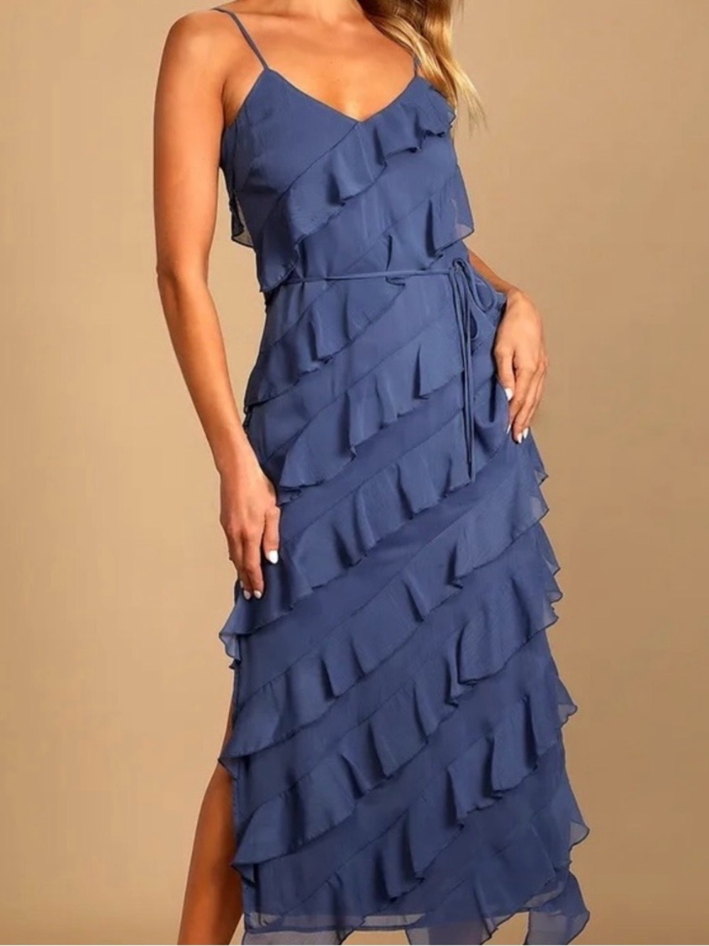 Lulu's Slate Blue Ruffled Spaghetti Strap Midi Dress